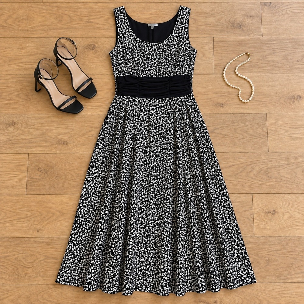 Dressbarn Womens 12 Black White Swirl Print Sleeveless Ruched Waist Maxi Dress